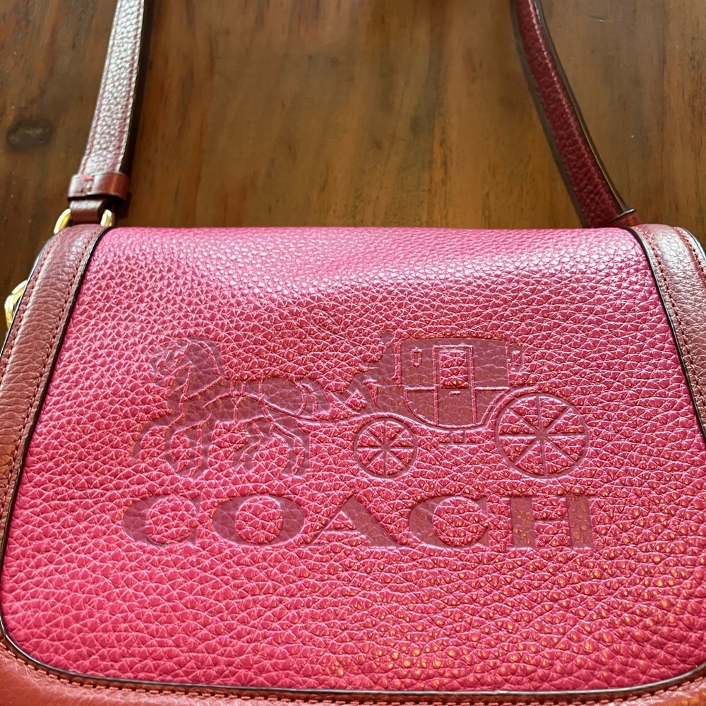 Coach Raspberry-Pink Pebbled Saddle BAG Leather Crossbody with Brown Trim